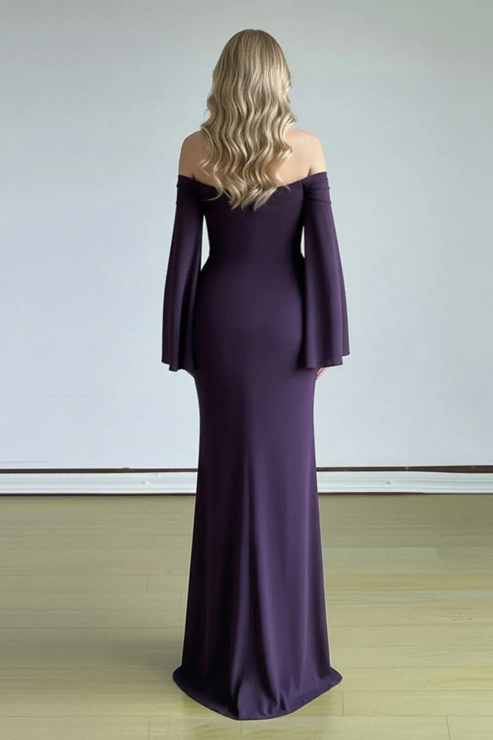Mermaid Off-Shoulder Flare Sleeve Embellished Deep Purple Floor-Length Prom Dress