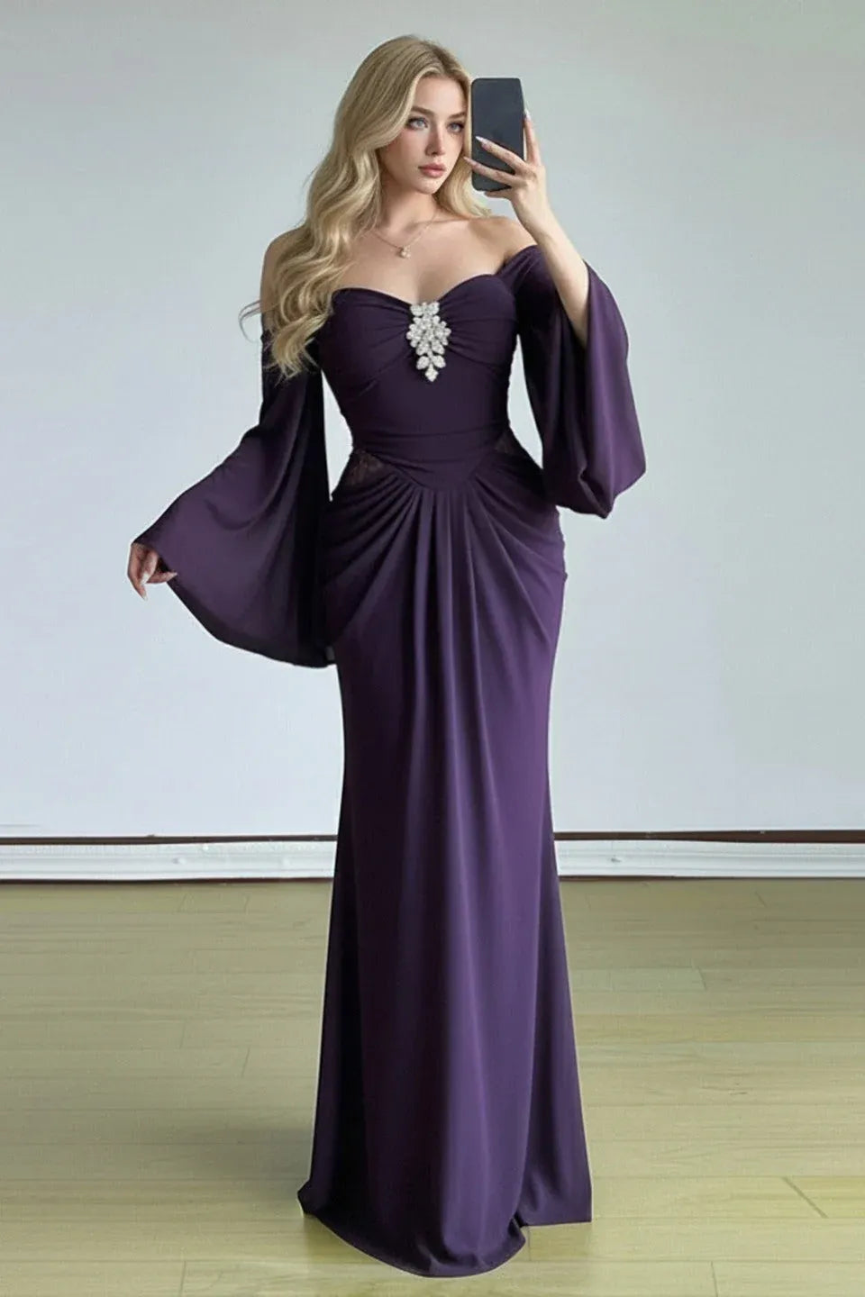 Mermaid Off-Shoulder Flare Sleeve Embellished Deep Purple Floor-Length Prom Dress