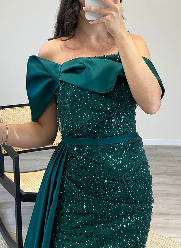 Mermaid Off-Shoulder Ruffle Sequined Emerald Green Prom Dress With Train