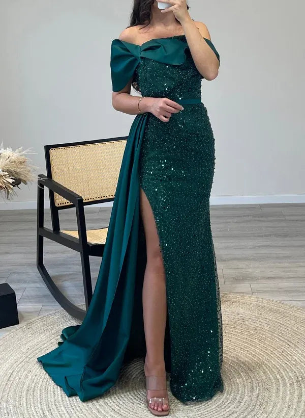 Mermaid Off-Shoulder Ruffle Sequined Emerald Green Prom Dress With Train