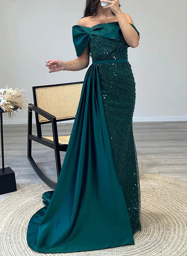 Mermaid Off-Shoulder Ruffle Sequined Emerald Green Prom Dress With Train
