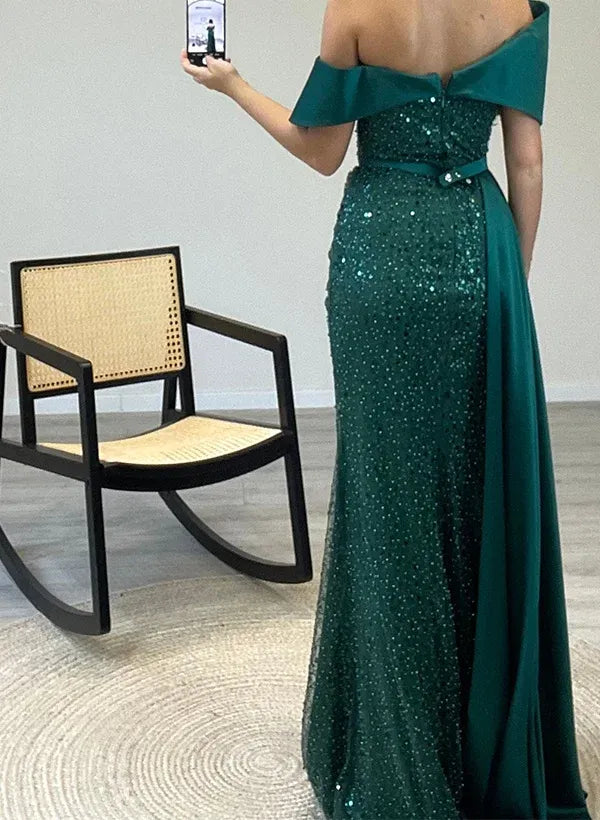 Mermaid Off-Shoulder Ruffle Sequined Emerald Green Prom Dress With Train