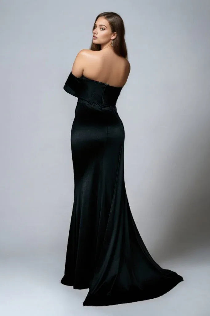 Mermaid Off-Shoulder Satin Champagne Floor Length Prom Dress With Streamer