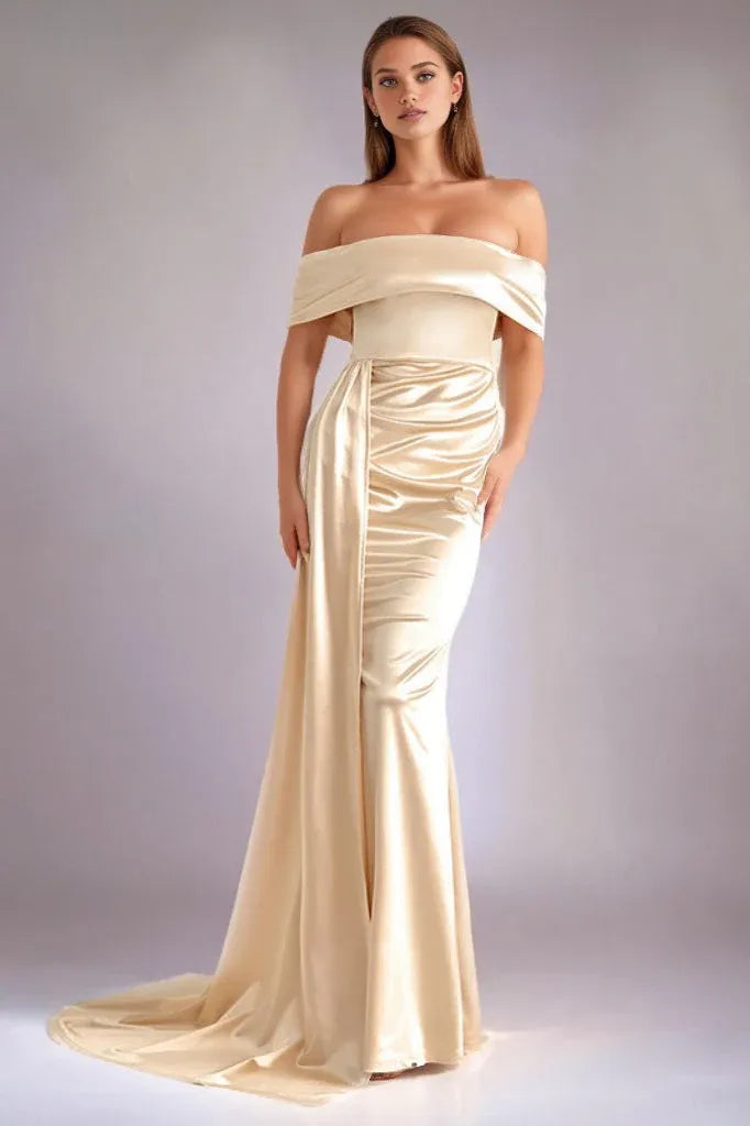 Mermaid Off-Shoulder Satin Champagne Floor Length Prom Dress With Streamer