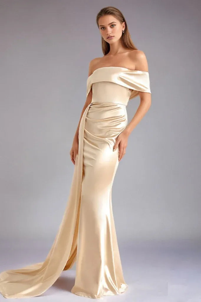 Mermaid Off-Shoulder Satin Champagne Floor Length Prom Dress With Streamer