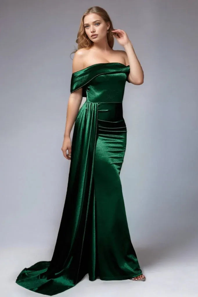 Mermaid Off-Shoulder Satin Champagne Floor Length Prom Dress With Streamer