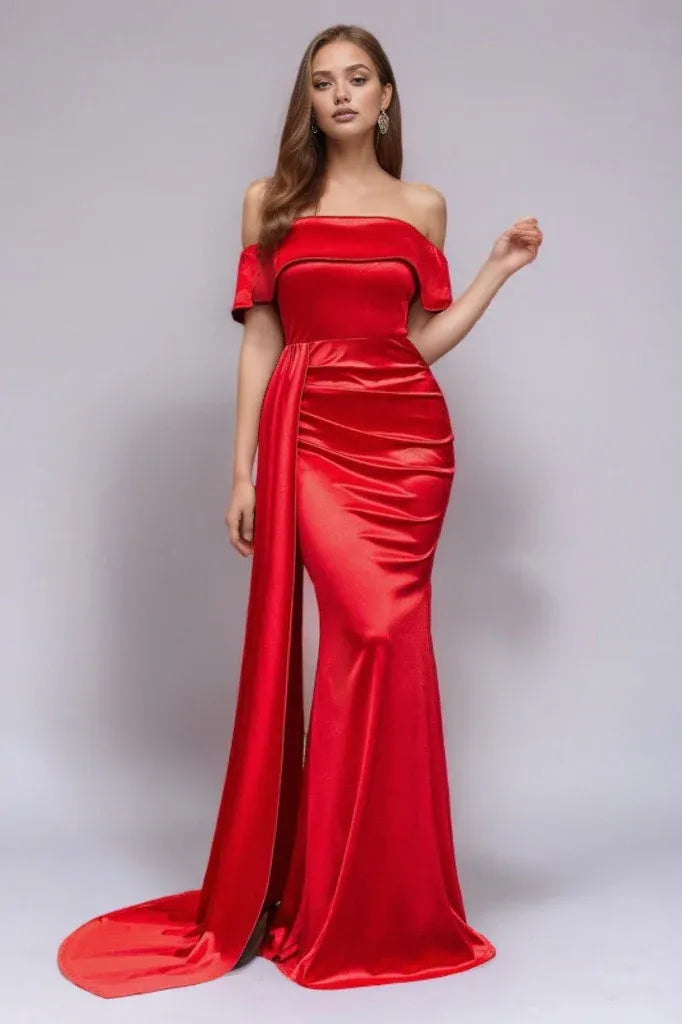 Mermaid Off-Shoulder Satin Champagne Floor Length Prom Dress With Streamer