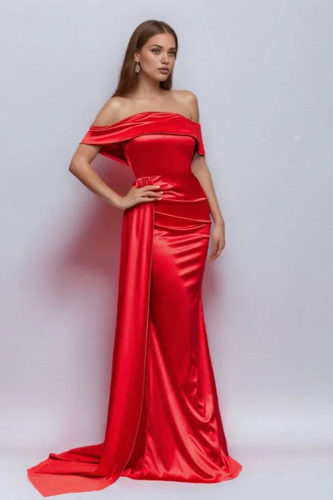 Mermaid Off-Shoulder Satin Champagne Floor Length Prom Dress With Streamer