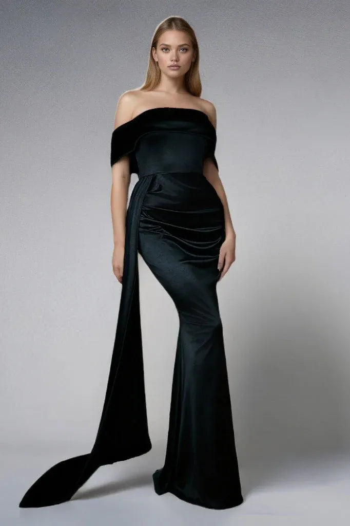 Mermaid Off-Shoulder Satin Champagne Floor Length Prom Dress With Streamer