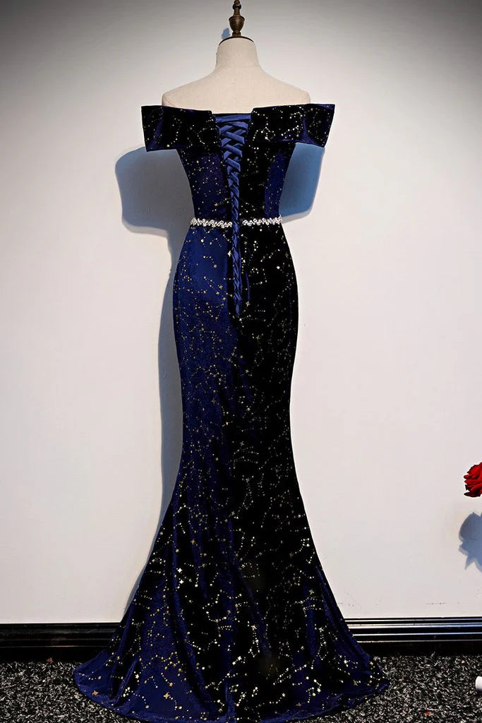 Mermaid Off-The-Shoulder Dark Blue Long Prom Dress Evening Dress