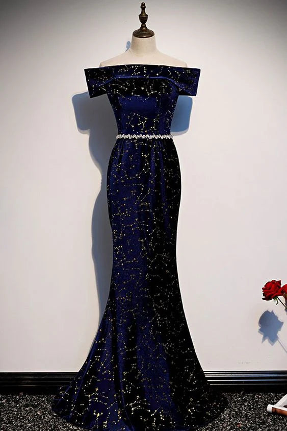 Mermaid Off-The-Shoulder Dark Blue Long Prom Dress Evening Dress