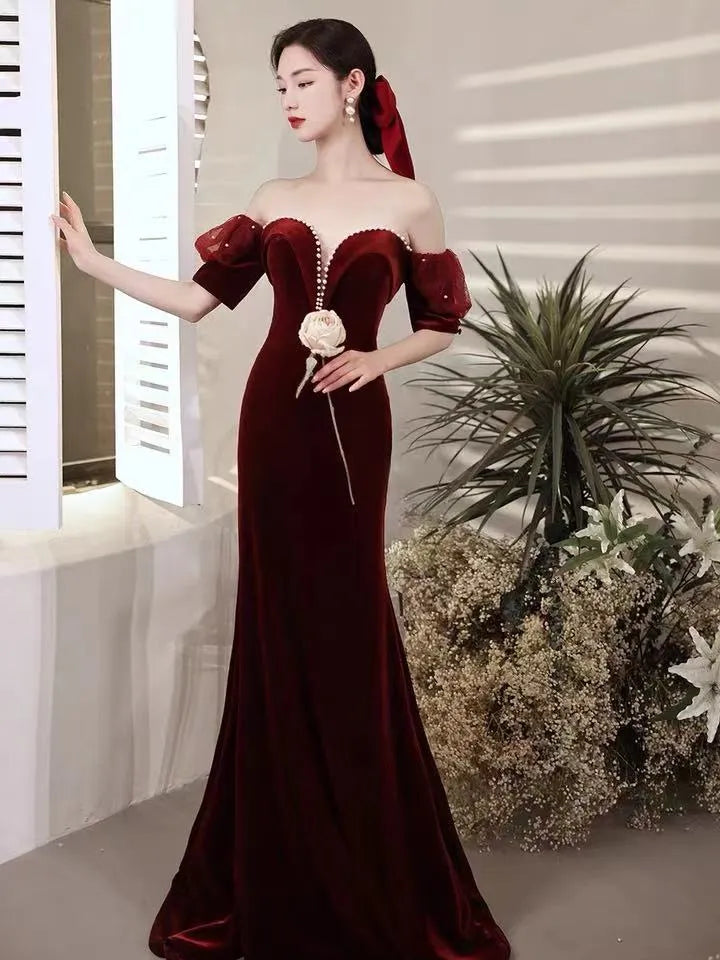 Mermaid Off-The-Shoulder Short Sleeve Beaded velvet Burgundy Floor-Length Prom Dress
