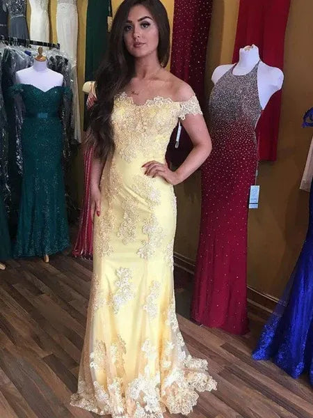 Mermaid Off-the-Shoulder Lace Applique Yellow Floor Length Prom Dress