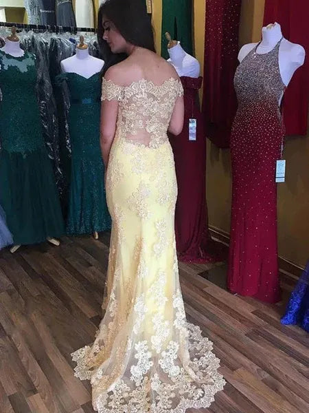 Mermaid Off-the-Shoulder Lace Applique Yellow Floor Length Prom Dress