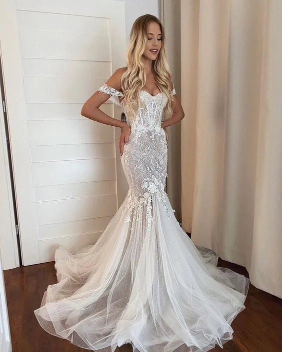 Mermaid Off-the-Shoulder Lace Tulle White Long Prom Dress Wedding Dress