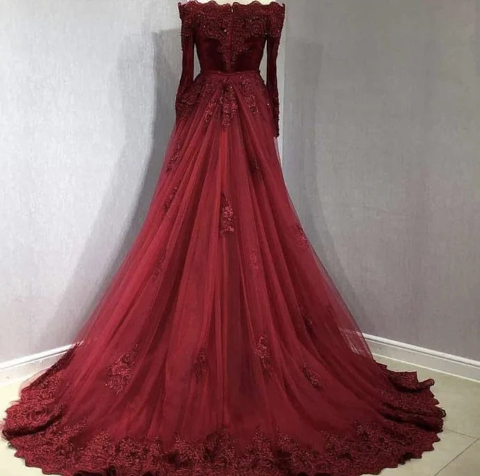 Mermaid Off-the-Shoulder Long Sleeves Velvet Burgundy Prom Dress With Train