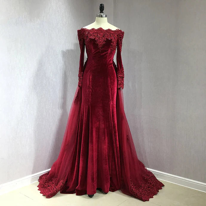 Mermaid Off-the-Shoulder Long Sleeves Velvet Burgundy Prom Dress With Train