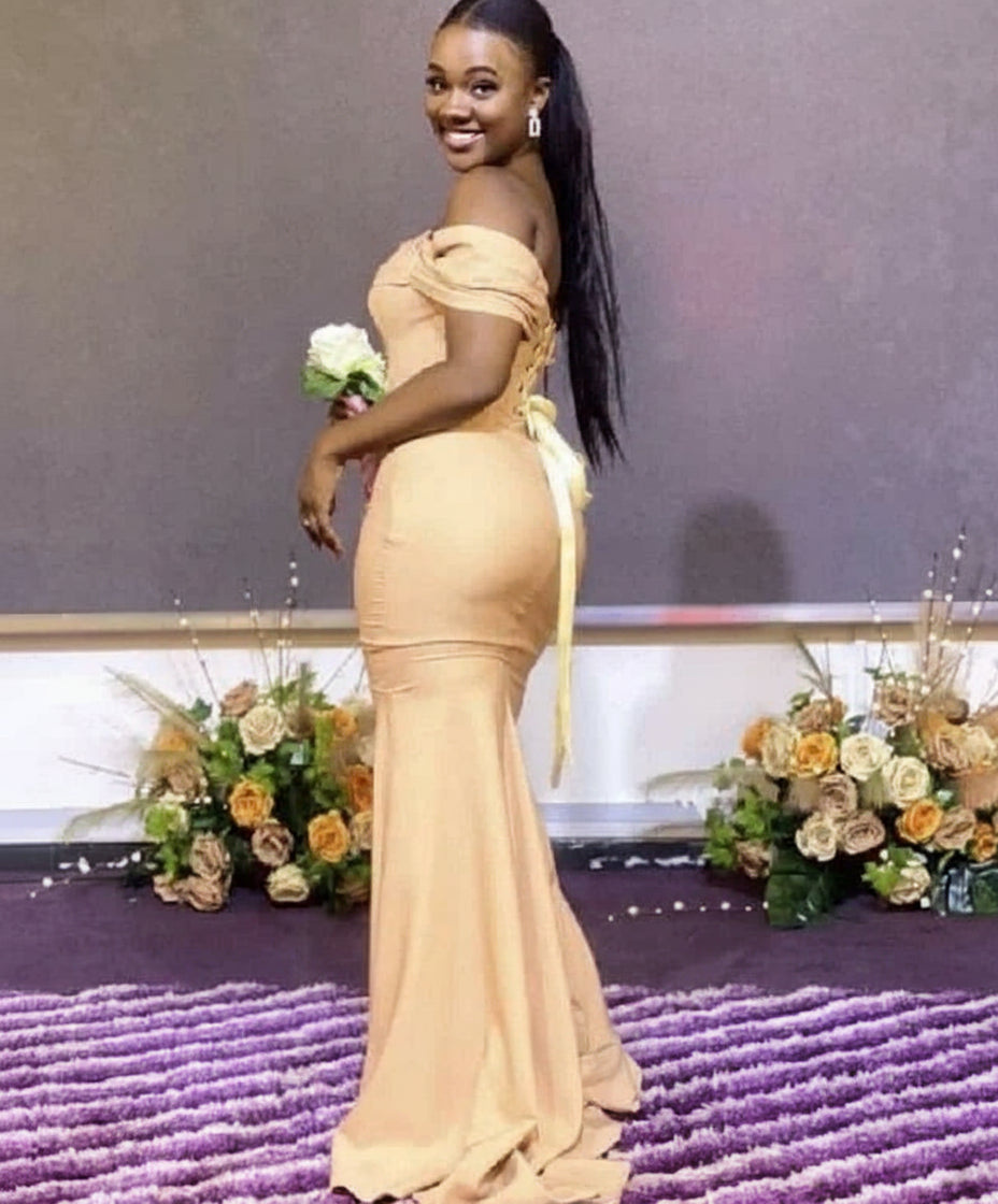 Mermaid Off Shoulder Satin Gold Long Bridesmaid Dresses With Slit