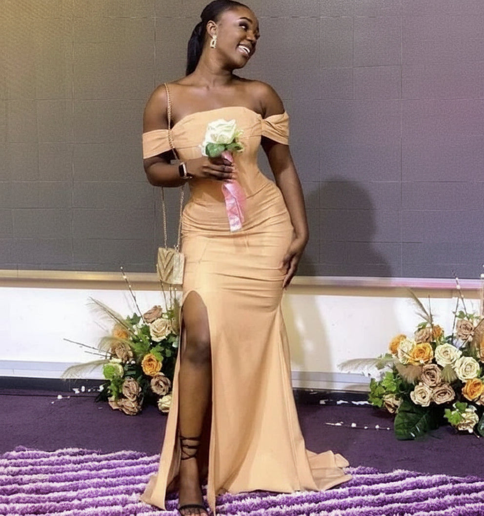 Mermaid Off Shoulder Satin Gold Long Bridesmaid Dresses With Slit