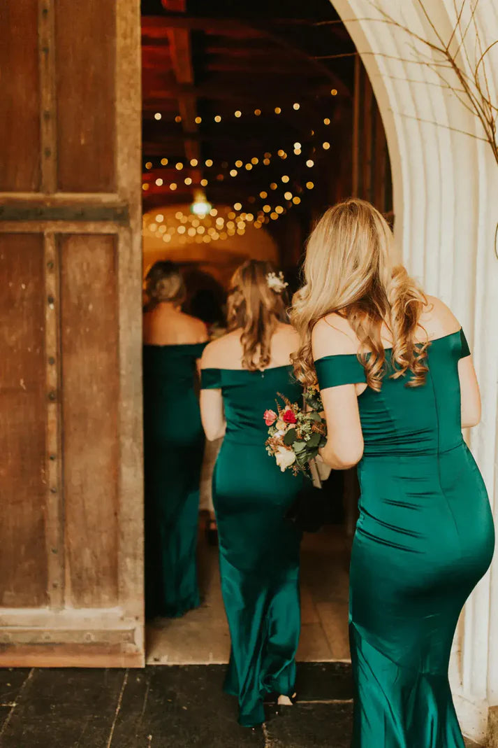 Mermaid Off The Shoulder Satin Emerald Green Long Bridesmaid Dresses