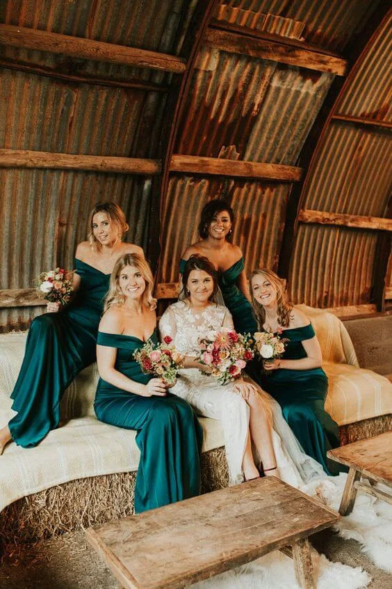 Mermaid Off The Shoulder Satin Emerald Green Long Bridesmaid Dresses