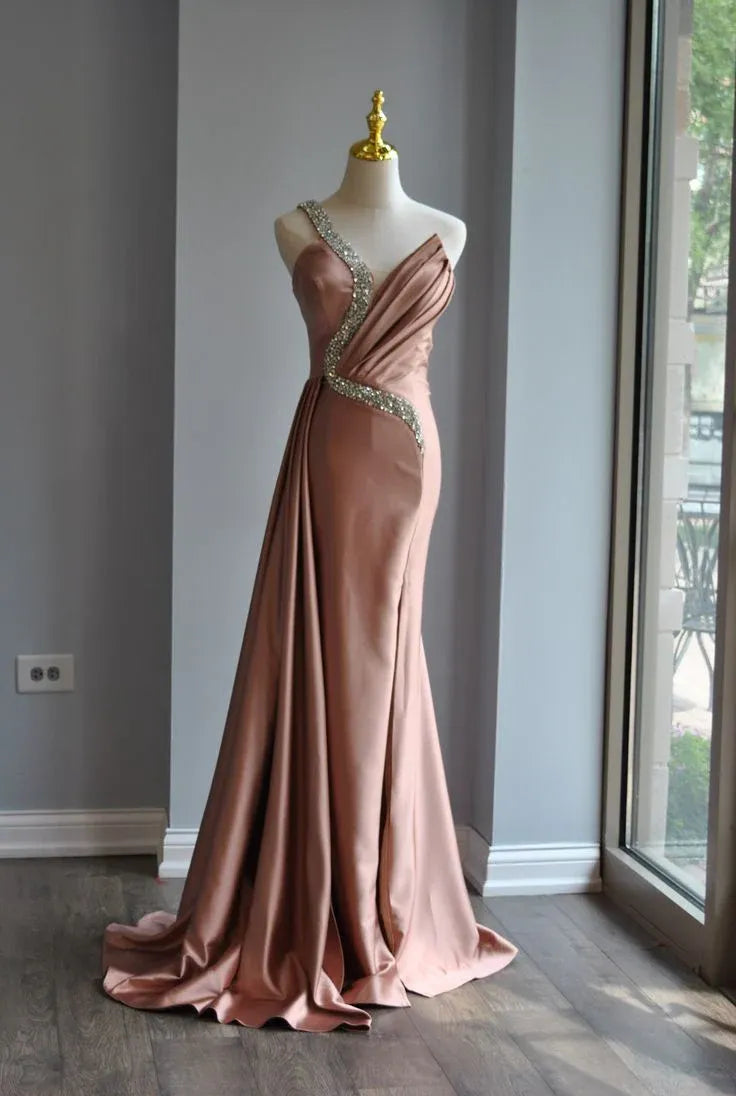 Mermaid One-Shoulder Beaded Satin Dusty Rose Maxi Prom Dress With Streamer
