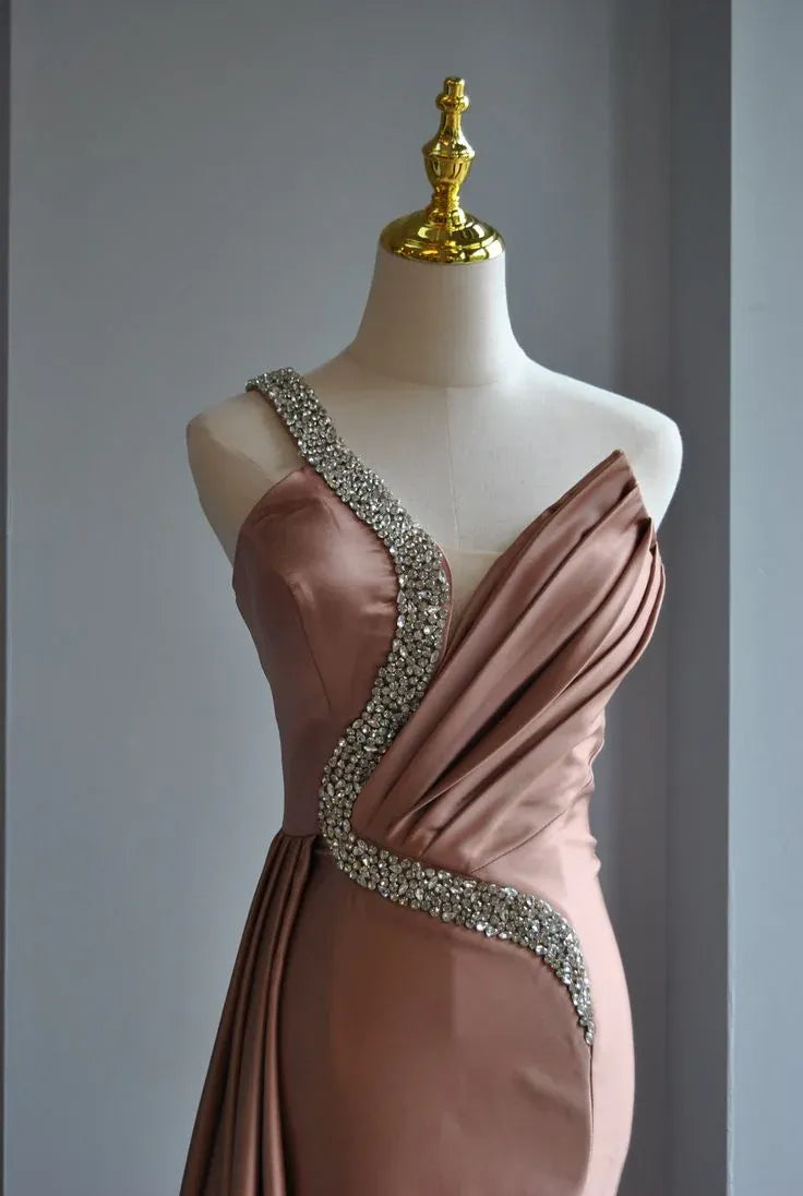 Mermaid One-Shoulder Beaded Satin Dusty Rose Maxi Prom Dress With Streamer