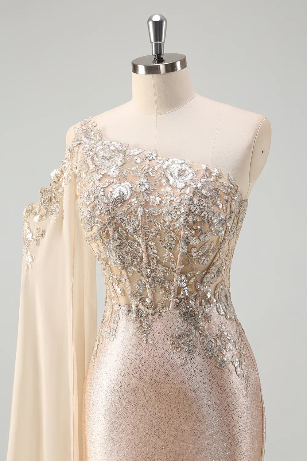Mermaid One-Shoulder Corset Sequins Champagne Maxi Prom Dress With Slit