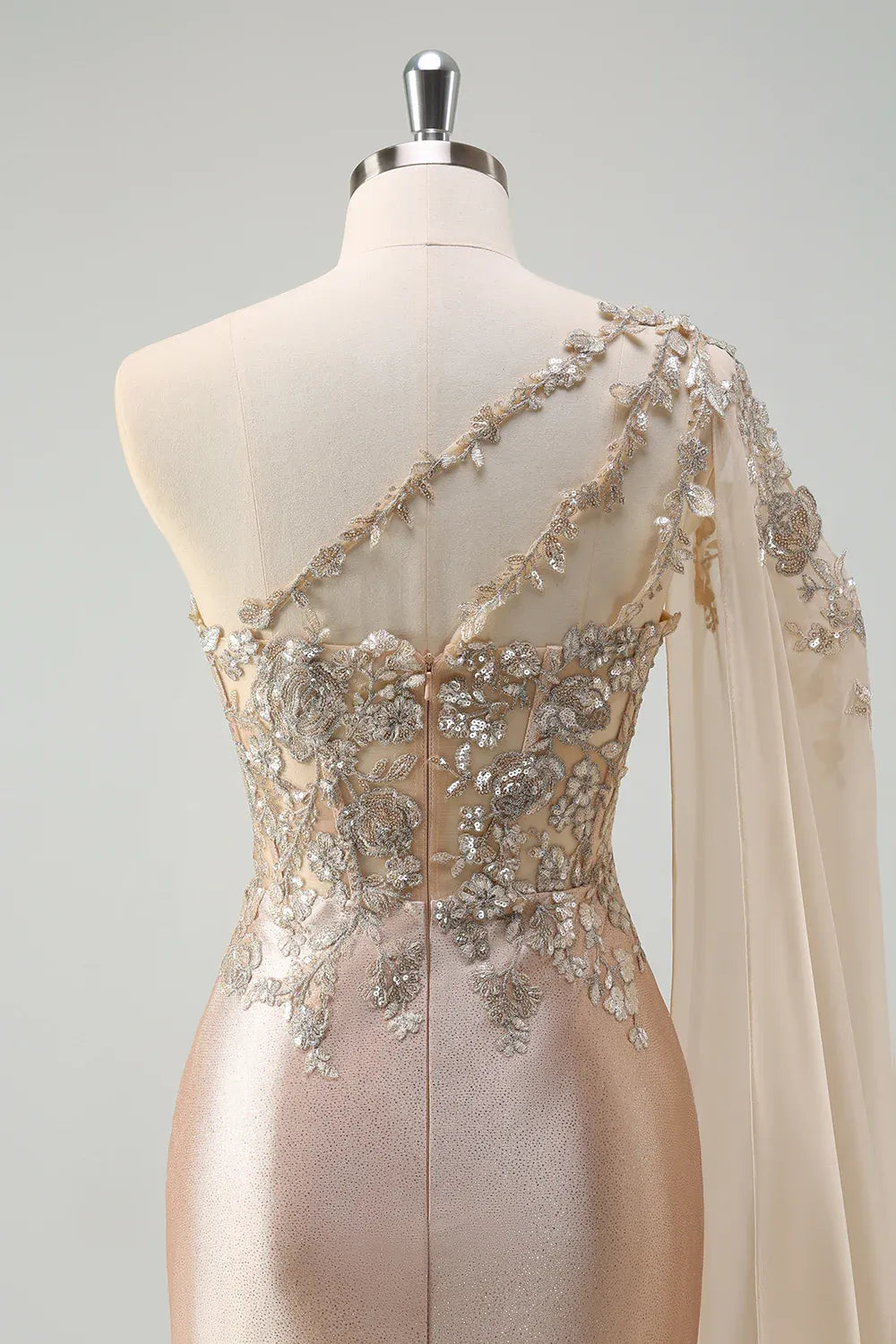 Mermaid One-Shoulder Corset Sequins Champagne Maxi Prom Dress With Slit