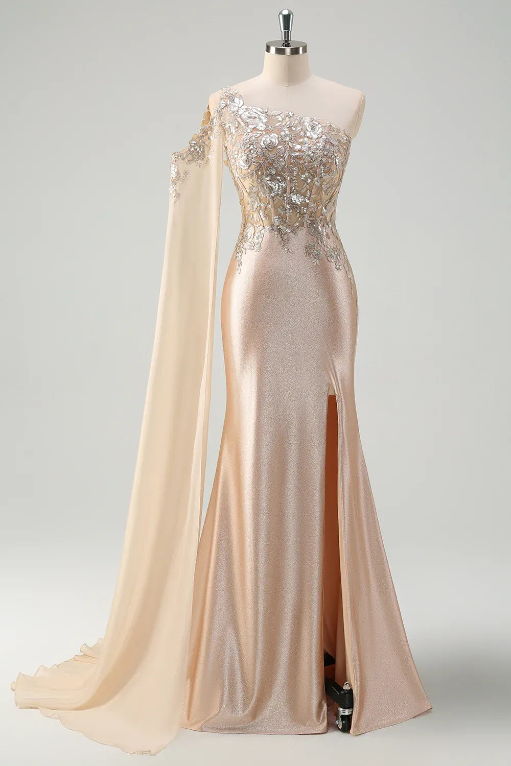 Mermaid One-Shoulder Corset Sequins Champagne Maxi Prom Dress With Slit