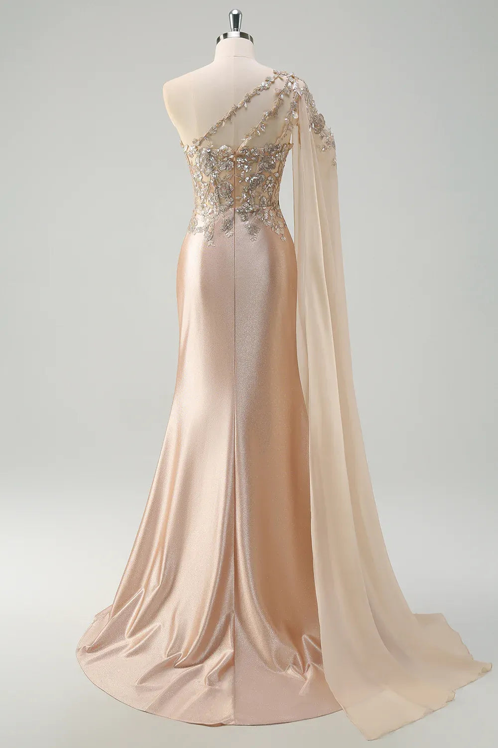 Mermaid One-Shoulder Corset Sequins Champagne Maxi Prom Dress With Slit