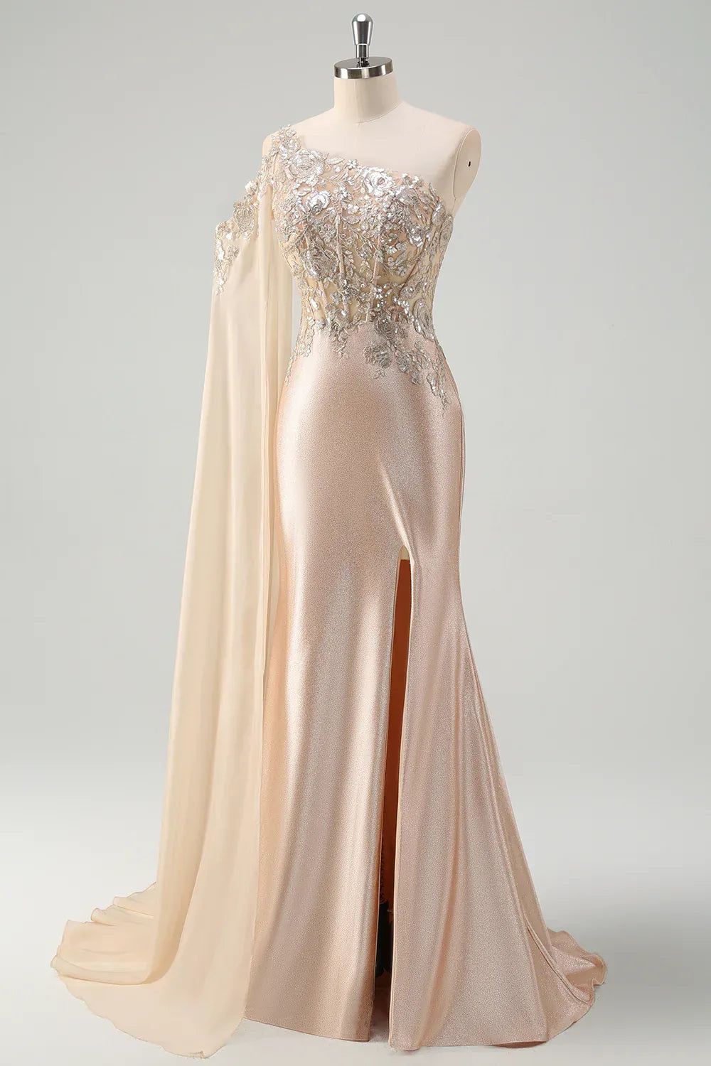 Mermaid One-Shoulder Corset Sequins Champagne Maxi Prom Dress With Slit