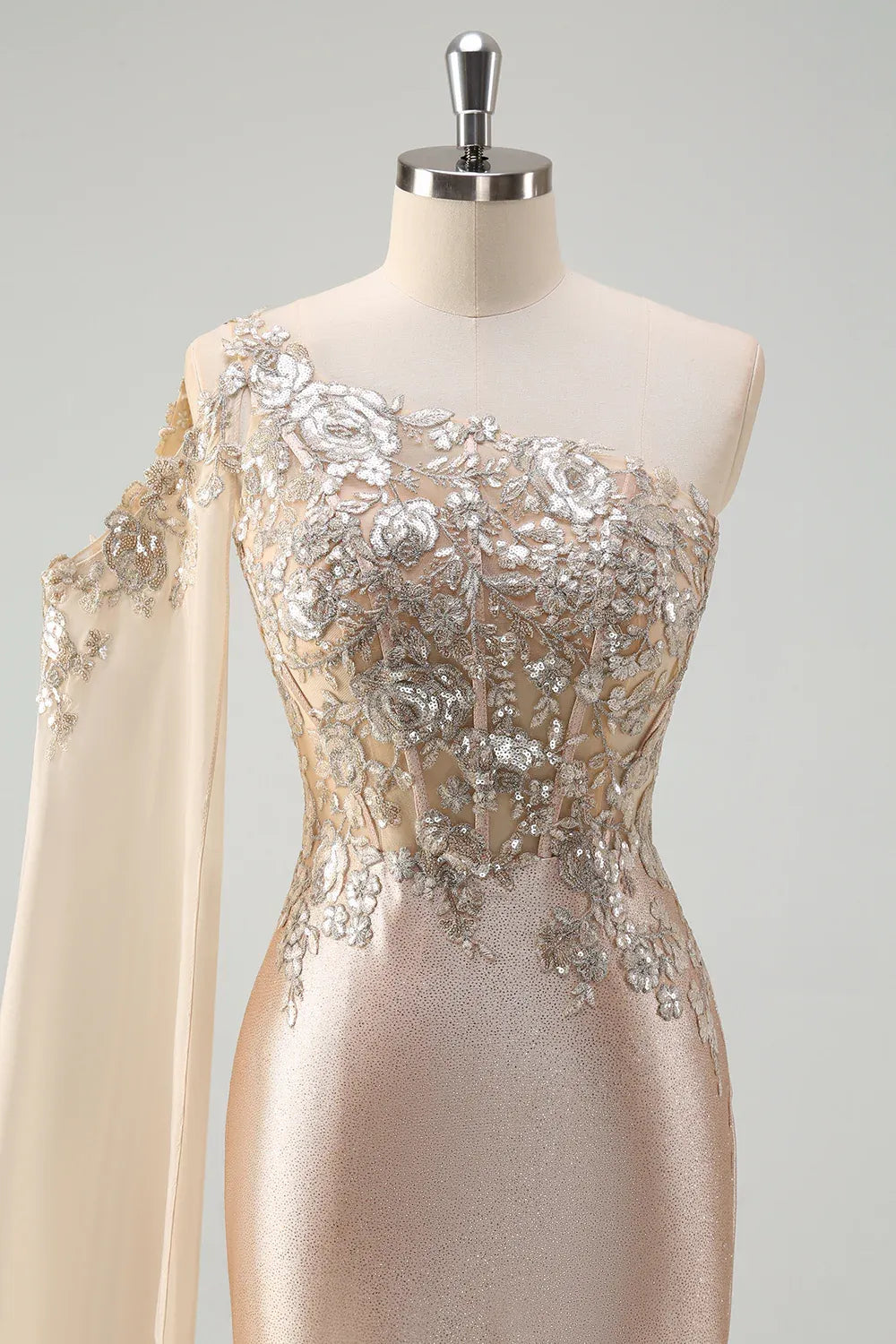 Mermaid One-Shoulder Corset Sequins Champagne Maxi Prom Dress With Slit