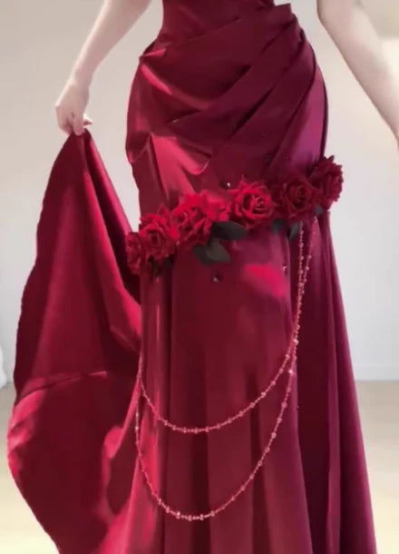 Mermaid One-shoulder Flowers Slit Satin Burgundy Long Evening Dress Prom Dress