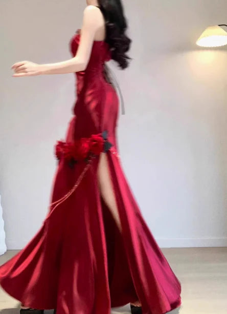 Mermaid One-shoulder Flowers Slit Satin Burgundy Long Evening Dress Prom Dress
