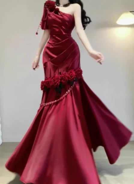 Mermaid One-shoulder Flowers Slit Satin Burgundy Long Evening Dress Prom Dress