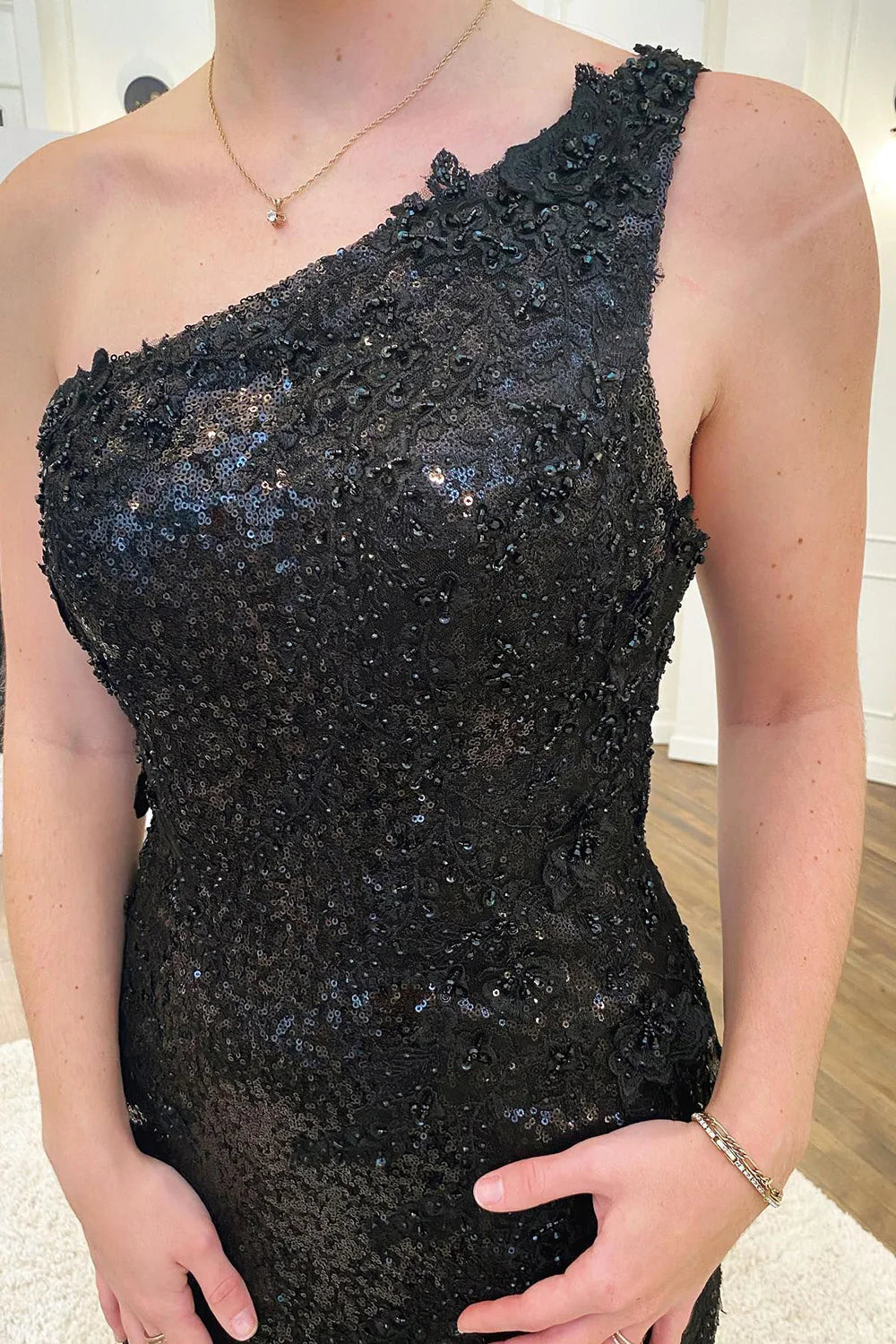Mermaid One Shoulder Applique Sequins Black Prom Dress With Split