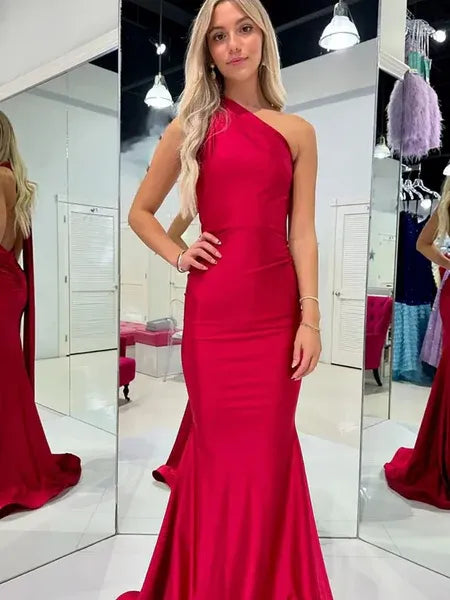 Mermaid One Shoulder Ruched Open Back Satin Red Long Prom Dress