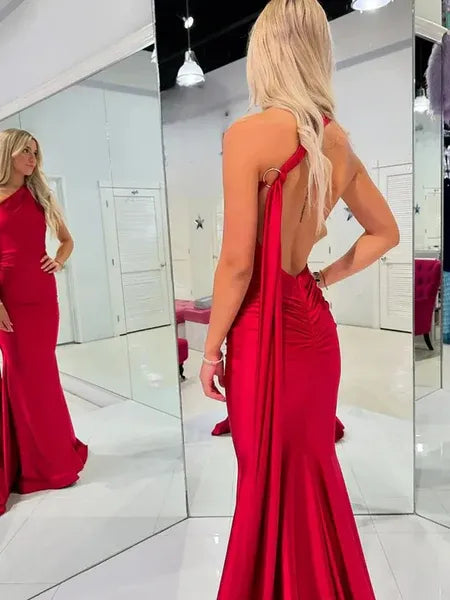 Mermaid One Shoulder Ruched Open Back Satin Red Long Prom Dress