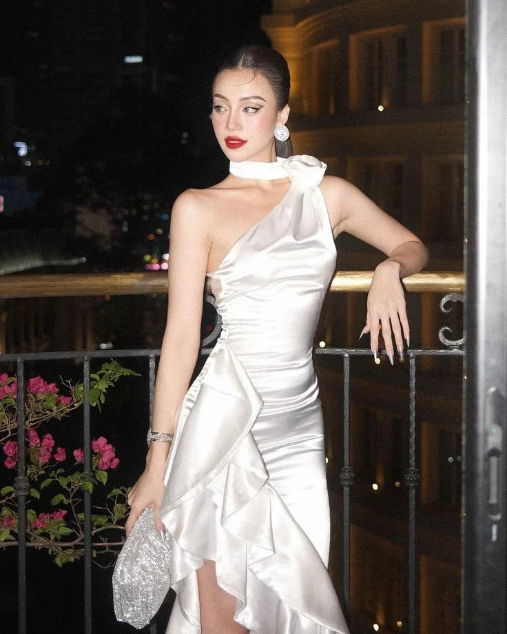 Mermaid One Shoulder Ruffle Satin White Prom Dress With Asymmetrical Hem