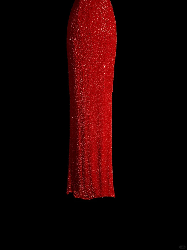 Mermaid Round Neck Beaded Sequin Red Long Prom Dress Evening Dress Custom