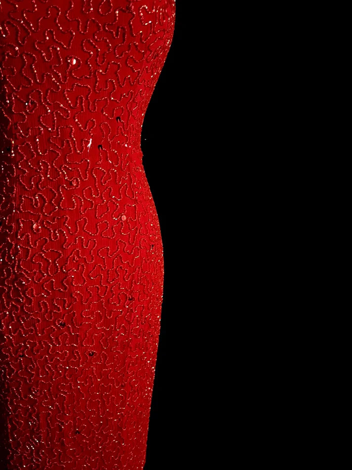 Mermaid Round Neck Beaded Sequin Red Long Prom Dress Evening Dress Custom