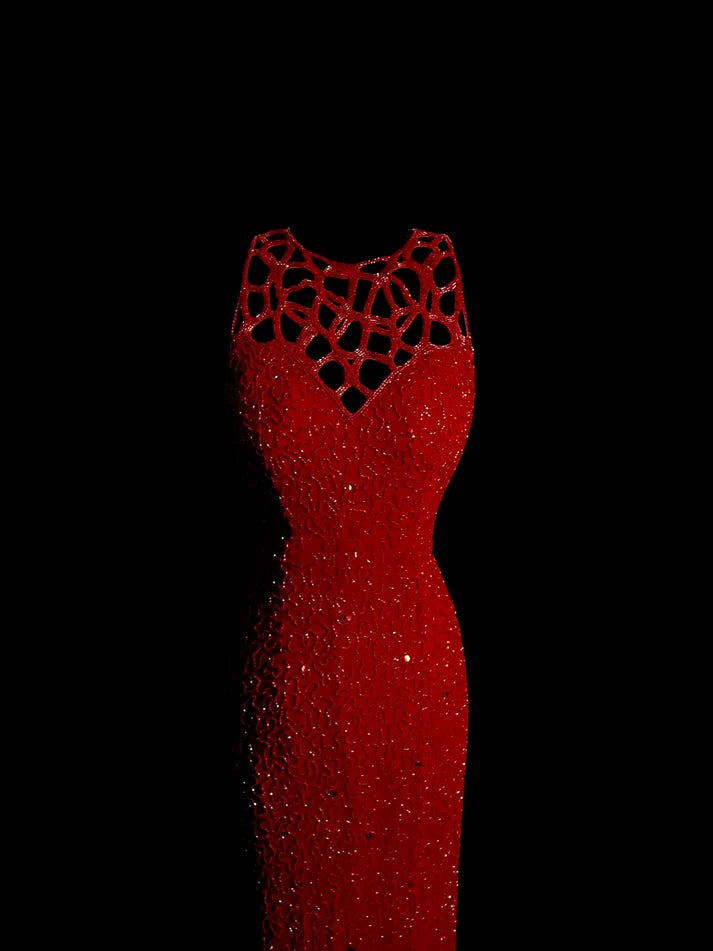 Mermaid Round Neck Beaded Sequin Red Long Prom Dress Evening Dress Custom