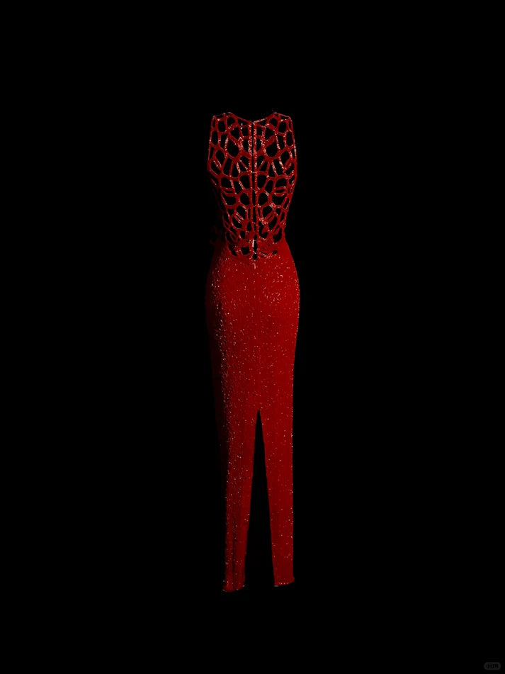 Mermaid Round Neck Beaded Sequin Red Long Prom Dress Evening Dress Custom