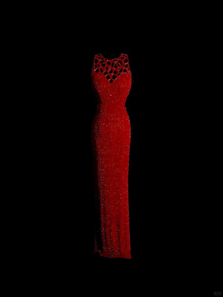 Mermaid Round Neck Beaded Sequin Red Long Prom Dress Evening Dress Custom