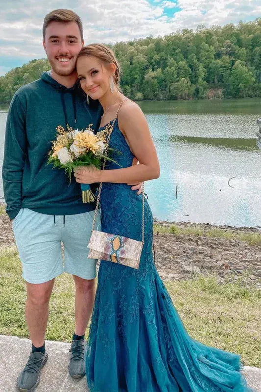 Mermaid Scoop Neck Lace Tulle Teal Floor-Length Prom Dress With Appliques