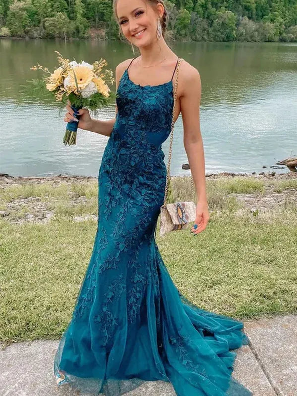 Mermaid Scoop Neck Lace Tulle Teal Floor-Length Prom Dress With Appliques