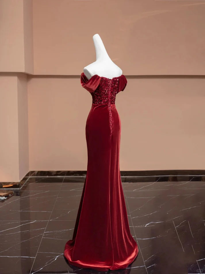 Mermaid Sequins Velvet Burgundy Long Prom Dress Party Dress