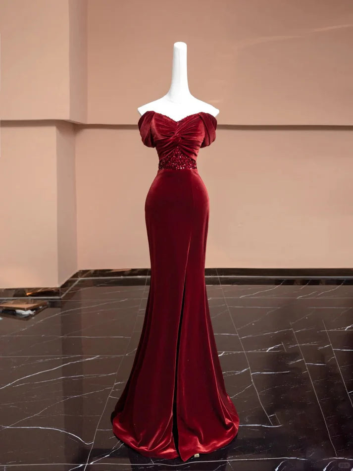 Mermaid Sequins Velvet Burgundy Long Prom Dress Party Dress