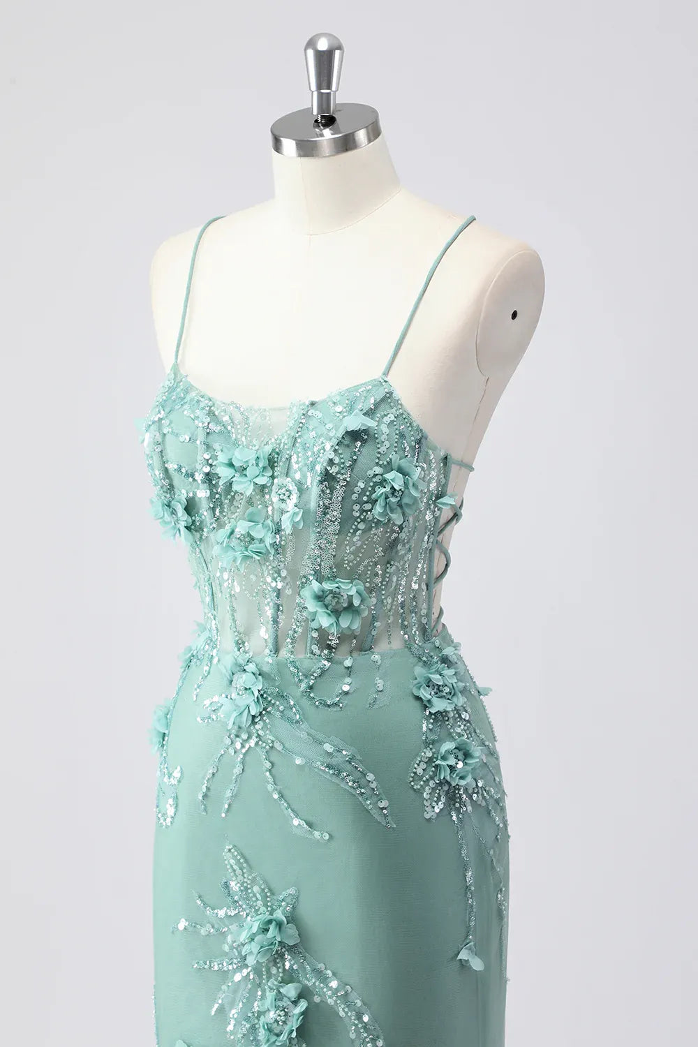Mermaid Spaghetti Strap 3D Floral Tulle Mint Prom Dress With Sweep Train